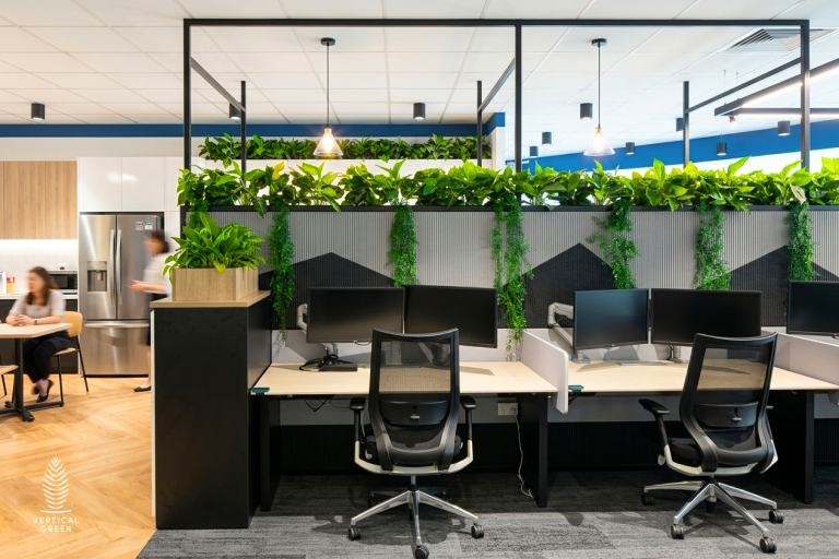 Bright, modern corporate office interior featuring an integrated indoor planter trough by Vertical Green Malaysia. Lush green plants and cascading vines form a natural partition above a row of cubicles with dual-monitor workstations, enhancing biophilic office design.