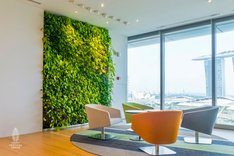 Modern corporate office lounge area featuring a large, vibrant indoor green wall install by Vertical Green Malaysia. Colorful modern armchairs sit near expansive windows overlooking the city skyline, highlighting luxury biophilic office design.