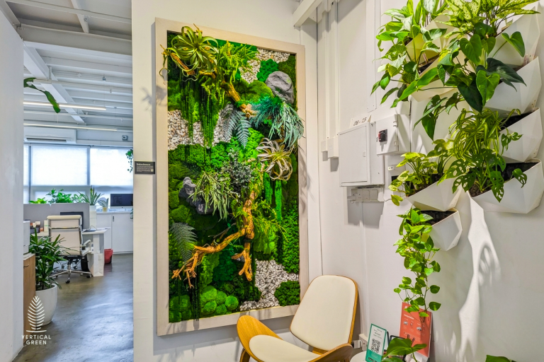 Creative office interior showcasing a framed preserved moss wall art piece with wood accents and pebbles by Vertical Green Malaysia. A vertical wall planter system with cascading green foliage hangs adjacent to a minimalist lounge chair.