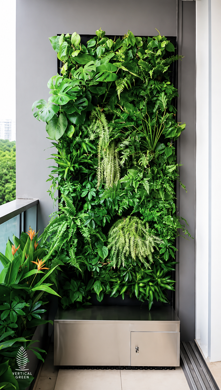 Custom living green wall with tropical foliage and ferns installed in a stainless steel planter on a modern residential balcony, enhancing the space with biophilic design.